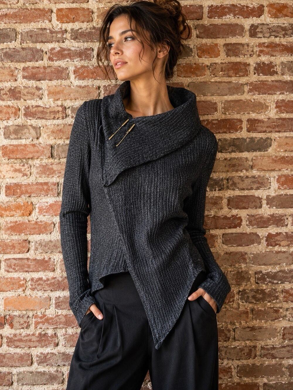 Kim Simon- Dark Gray Woven Australian Wool Sweater Wrap Cowl Brass Neck Pin Sz M